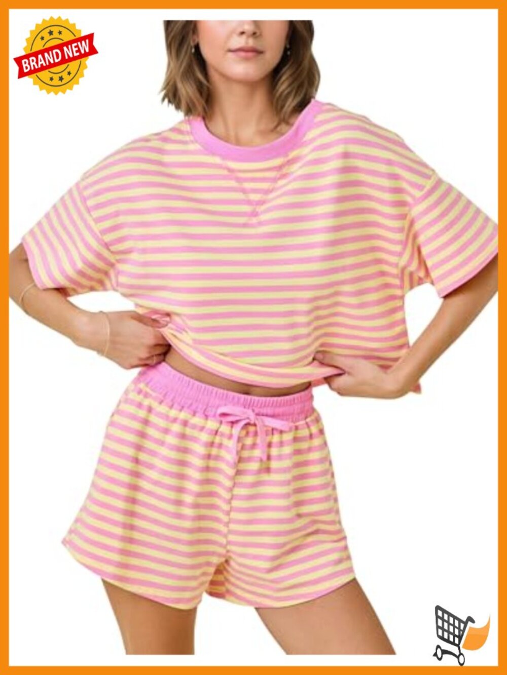 Womens Striped Lounge Set 2 Piece Short Sleeve Top Drawstring Shorts